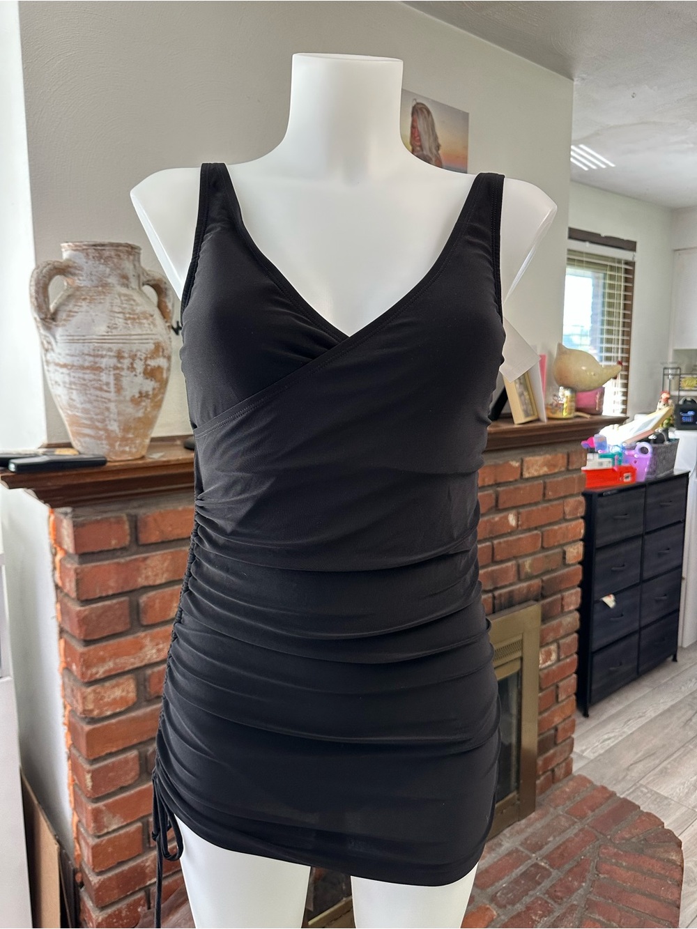 Black Ruched V-Neck Swim Dress